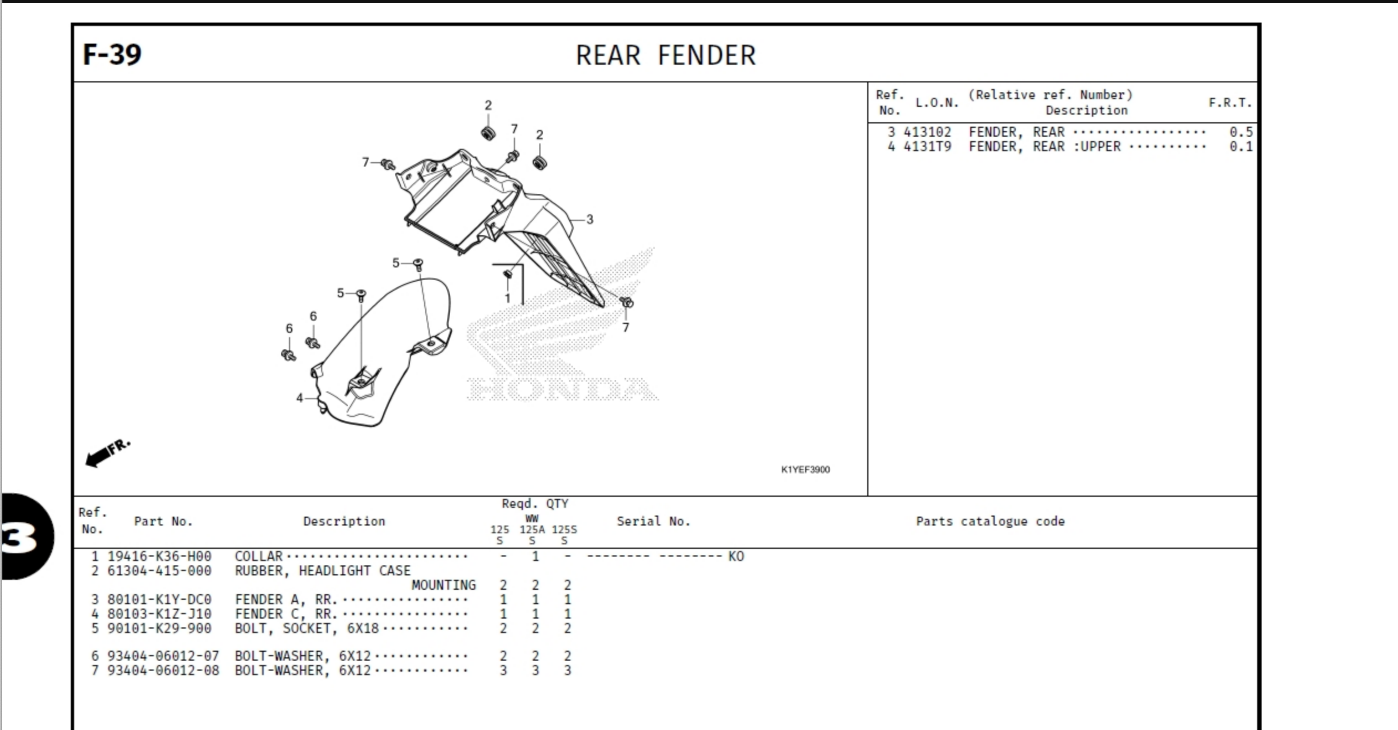 Honda PCX genuine parts catalog showing Rear Fender Part Number 80101-K1Y-DC0